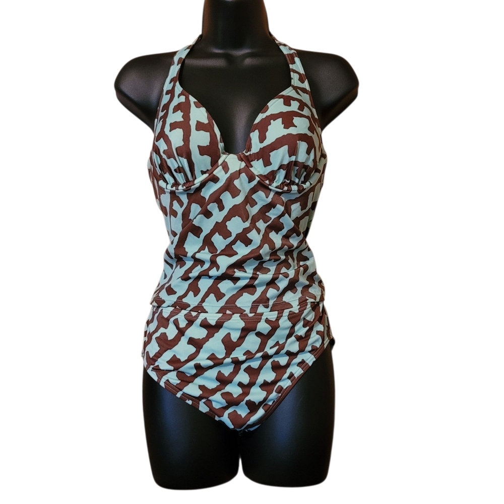 Victorias Secret Tankini 2 Piece Set Top 34C & Bottom Large Aqua Brown